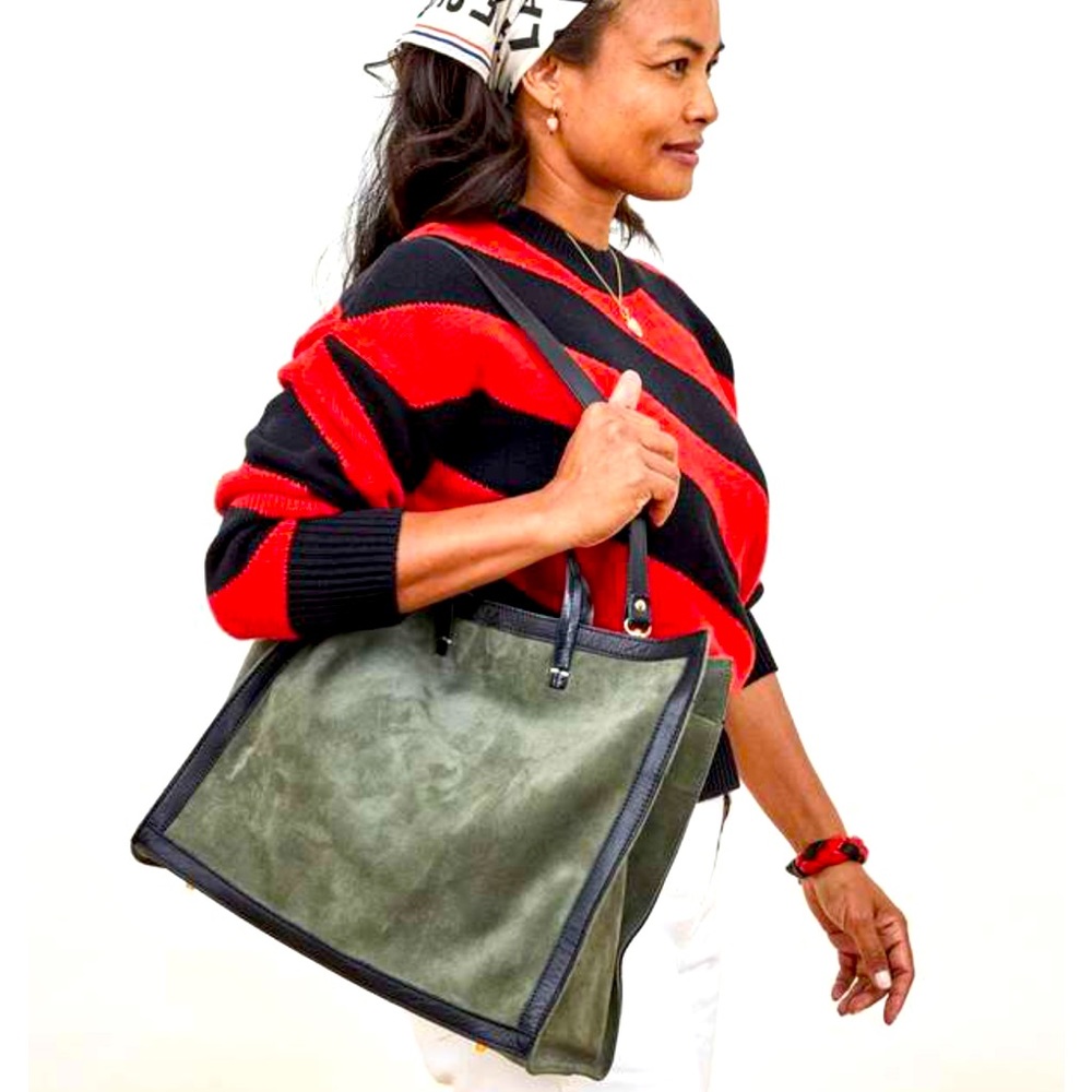 Clare V Simple Tote w Removable Strap - Army Suede / Black Border - NWT